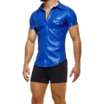 Short Sleeve Blue Leather Shirts
