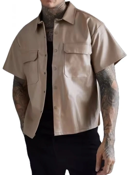 Short Sleeve Patch Pockets Leather Shirt In Beige