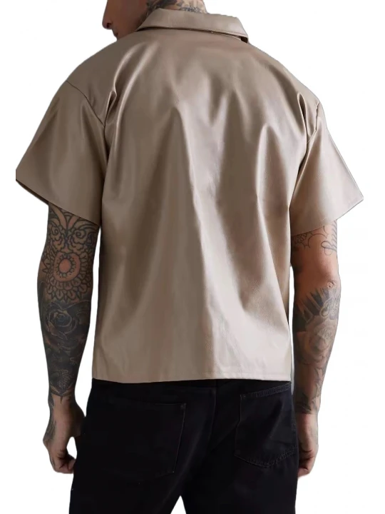 Short Sleeve Patch Pockets Leather Shirt In Beige