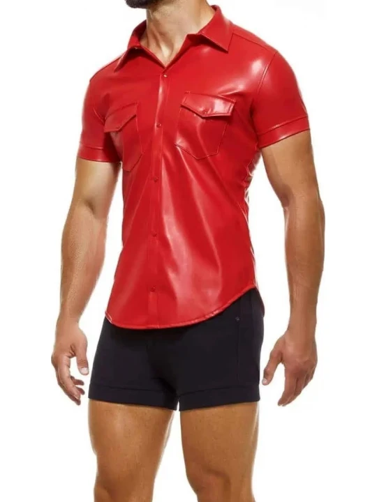 Short Sleeve Red Leather Shirts