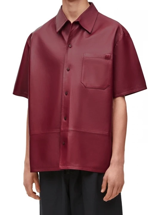 Short Sleeves Burgundy Leather Shirts