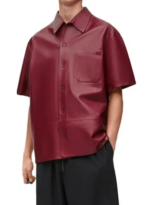 Short Sleeves Burgundy Leather Shirts