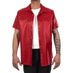 Short Sleeves Red Leather Shirt
