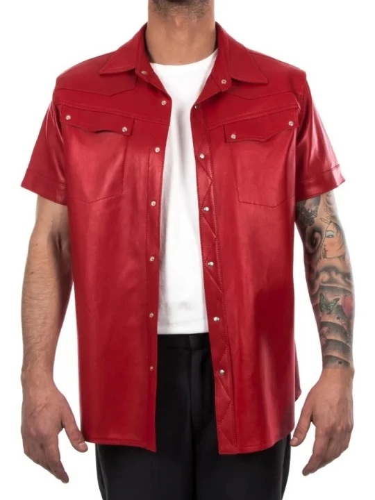 Short Sleeves Red Leather Shirt
