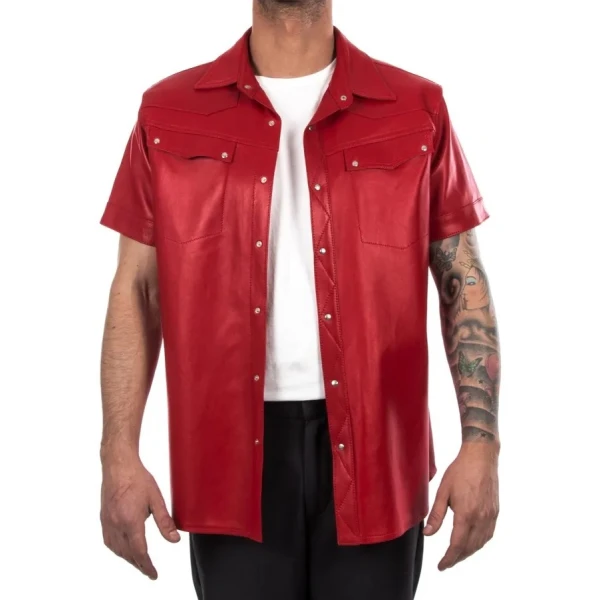 Short Sleeves Red Leather Shirt