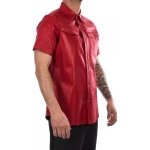 Short Sleeves Red Leather Shirt