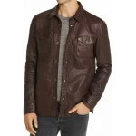 Snap Buttons Brown Leather Shirt