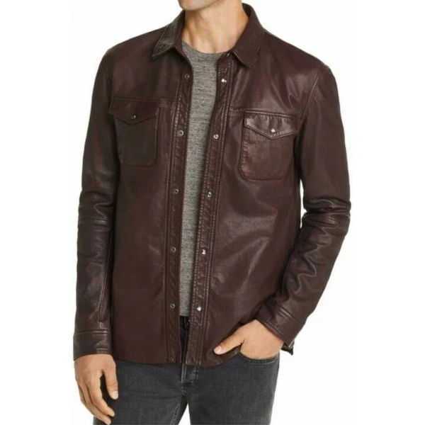 Snap Buttons Brown Leather Shirt