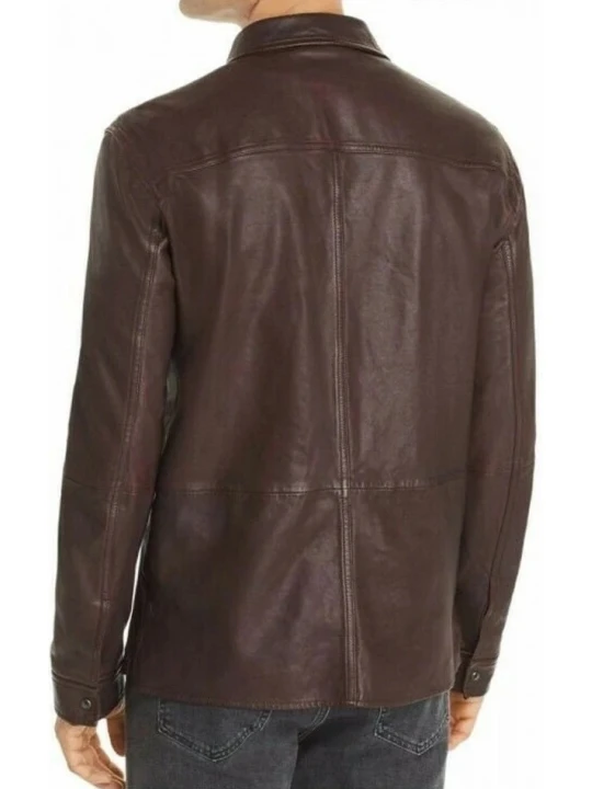 Snap Buttons Brown Leather Shirt