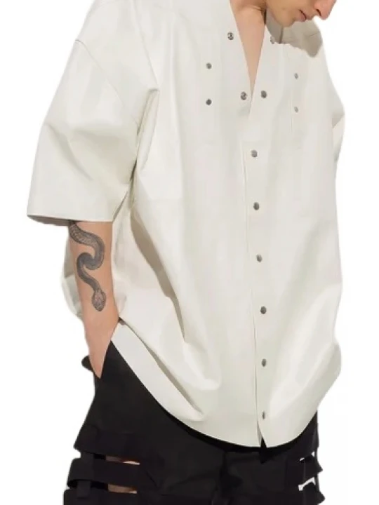 Snap Buttons Detailing White Leather Shirt