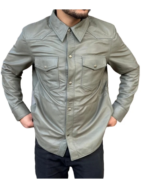 Snap Buttons Grey Leather Shirts