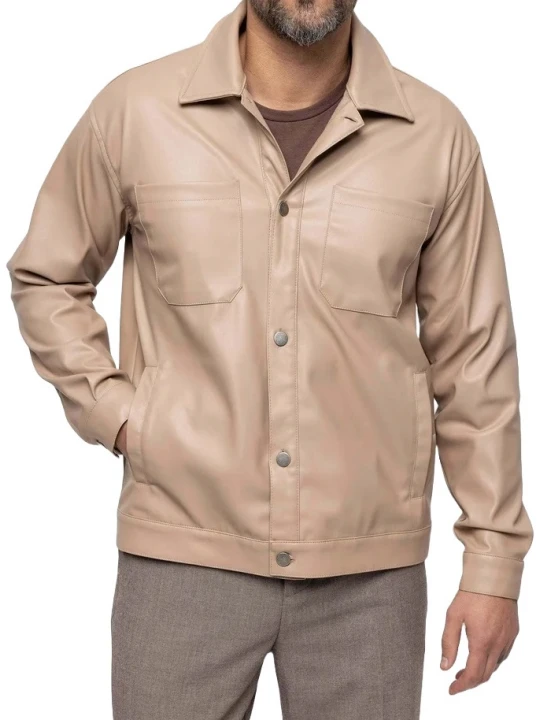 Spread Collar Shirts Beige Leather