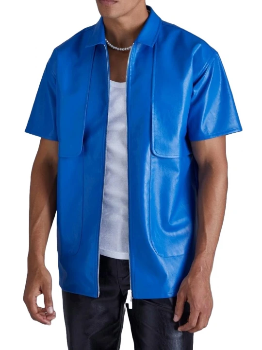 Storm Flap Detailing Blue Leather Shirt
