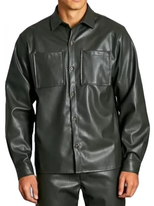 Two Chest Pockets Green Leather Shirt