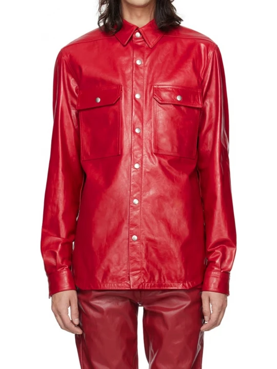 Two Chest Pockets Red Leather Shirt