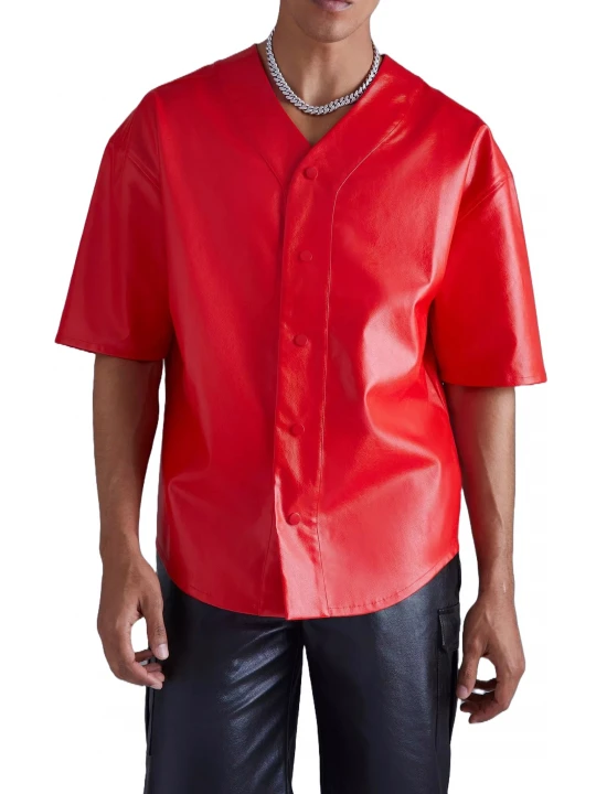 V Neck Red Leather Shirts