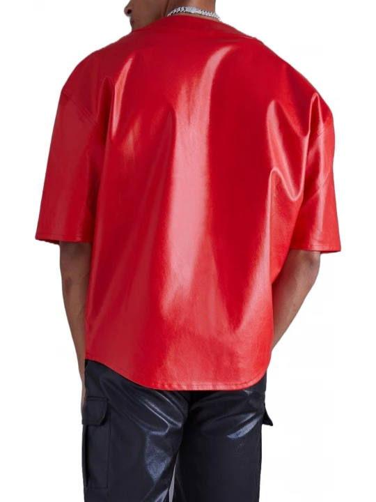 V Neck Red Leather Shirts