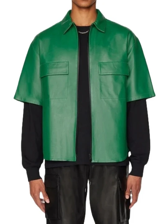 Zig Zag Panels On Back Green Leather Shirt
