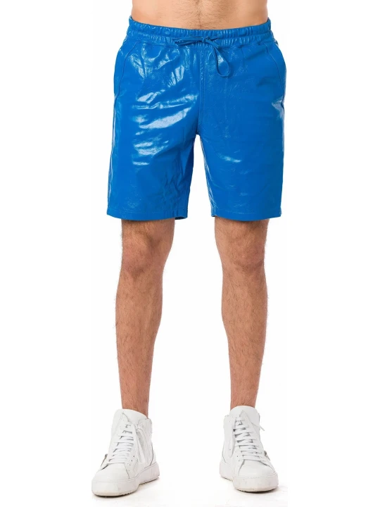Blue Leather Shorts With Elastic Waist Band
