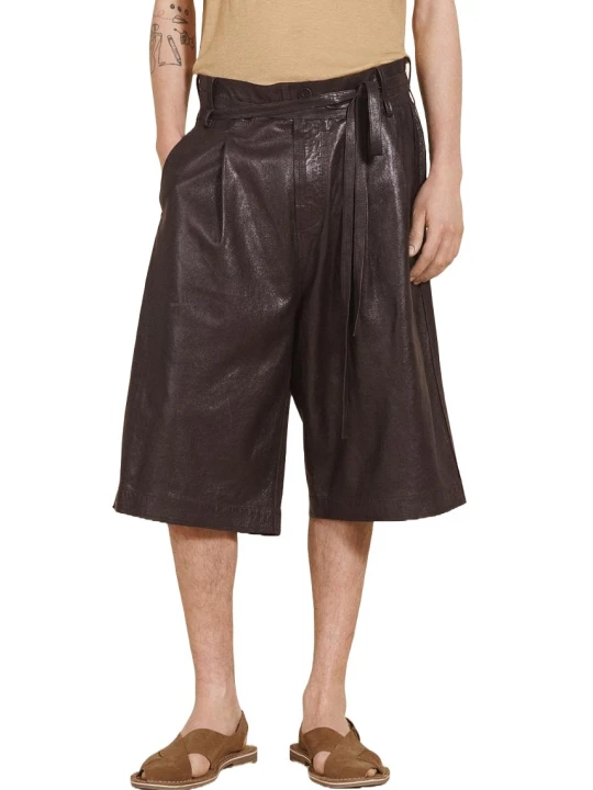 Brown Leather Drawstring Bermuda Shorts