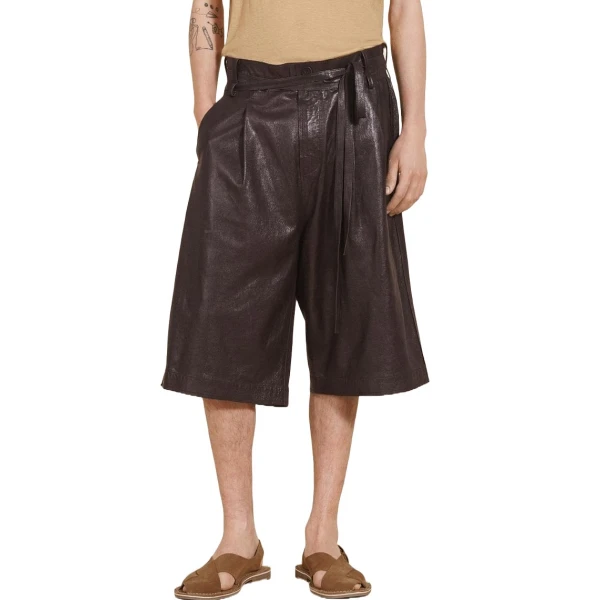 Brown Leather Drawstring Bermuda Shorts