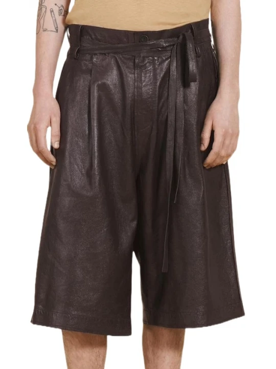 Brown Leather Drawstring Bermuda Shorts