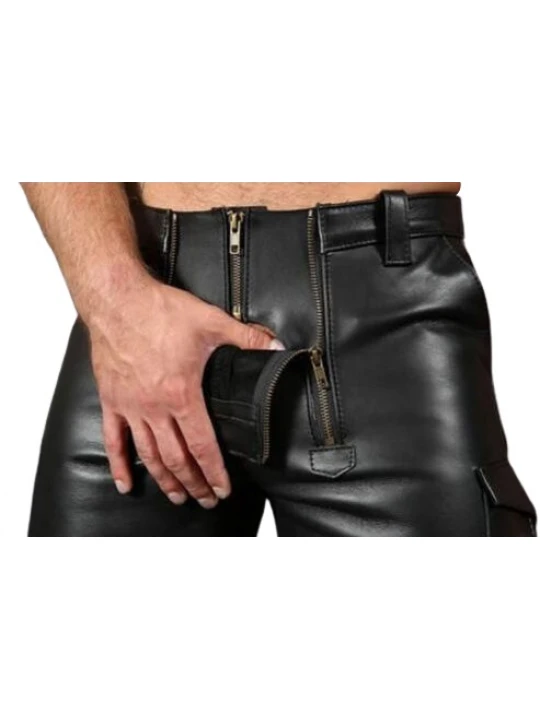 Double Front Zipper Real Sheepskin Black Leather Cargo Shorts For Men