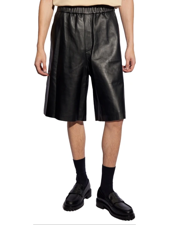 Elastic Waist Black Leather Bermuda Shorts