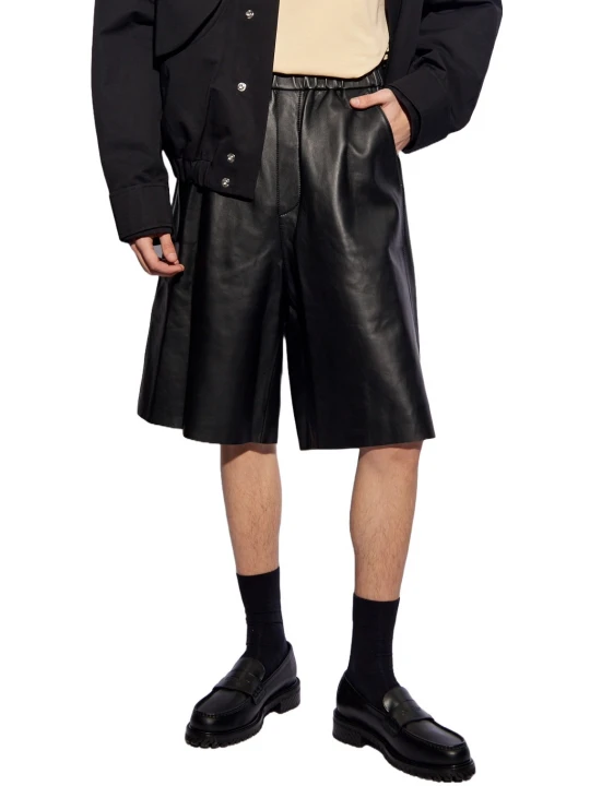 Elastic Waist Black Leather Bermuda Shorts
