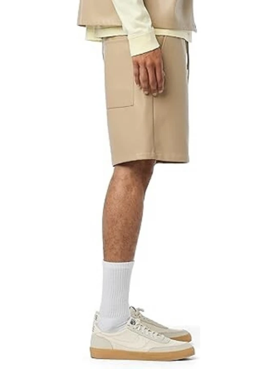 Elasticized Waist Beige Leather Shorts
