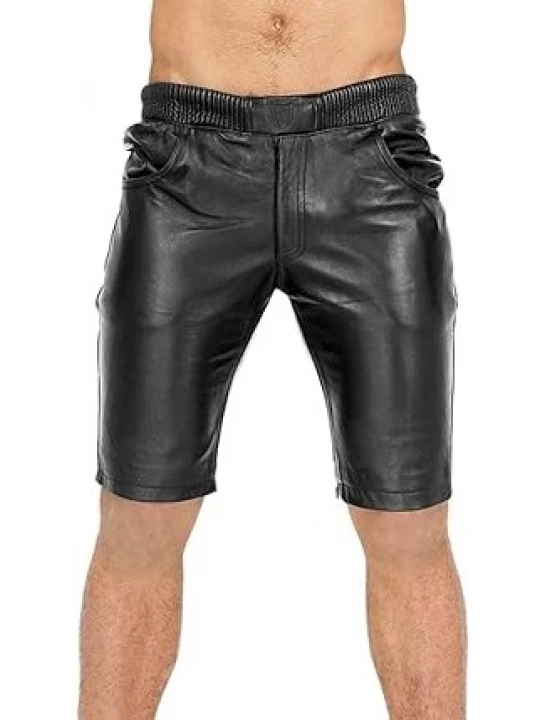 Elasticized Waistband Black Leather Shorts