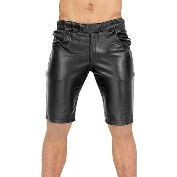 Elasticized Waistband Black Leather Shorts