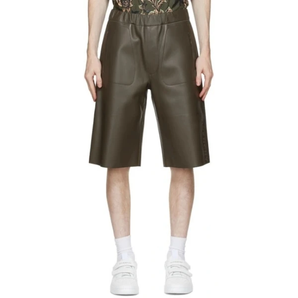 Elasticized Waistband Dark Brown Leather Shorts