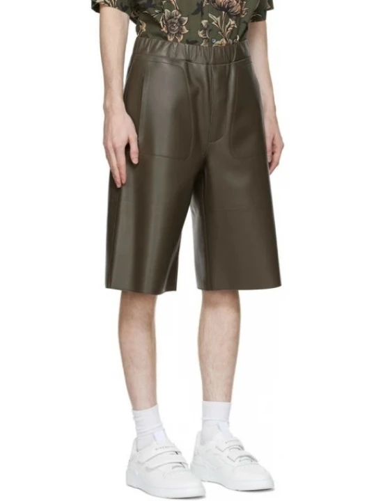 Elasticized Waistband Dark Brown Leather Shorts