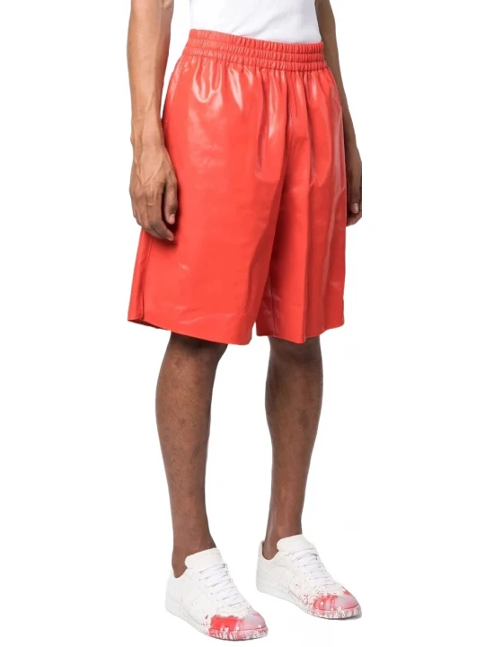 Elasticized Waistband Orange Leather Shorts