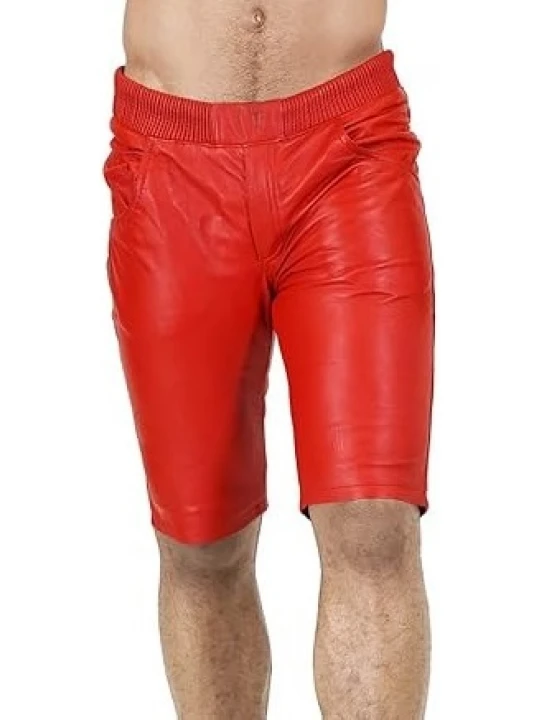 Elasticized Waistband Red Leather Shorts