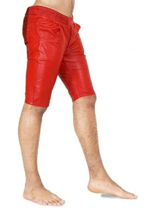 Elasticized Waistband Red Leather Shorts