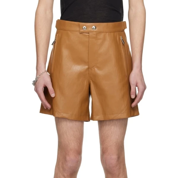 Four Zipper Pockets Tan Leather Shorts
