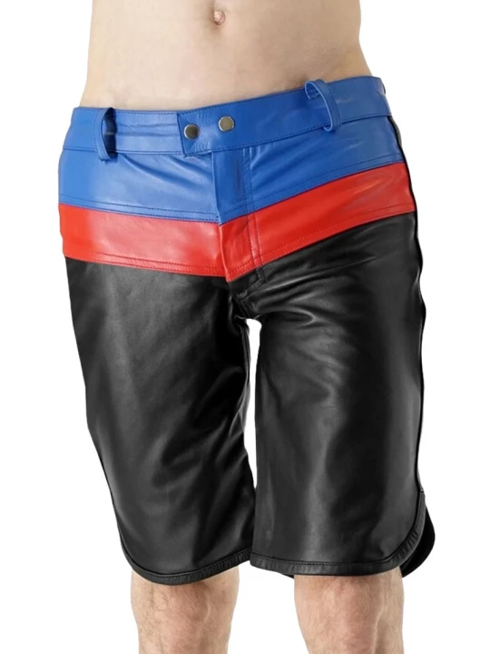 Leather Shorts With Three Tone Black Blue And Red
