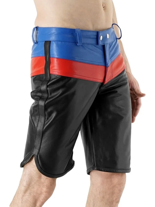 Leather Shorts With Three Tone Black Blue And Red