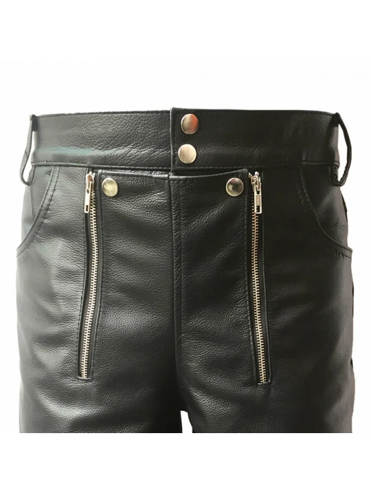 Men Double Zipper Snap Button Front Real Sheepskin Black Leather Shorts