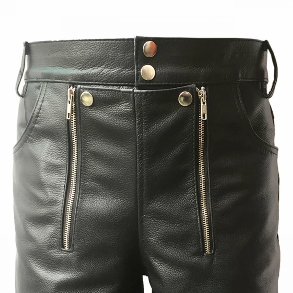 Men Double Zipper Snap Button Front Real Sheepskin Black Leather Shorts