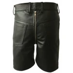 Men Double Zipper Snap Button Front Real Sheepskin Black Leather Shorts