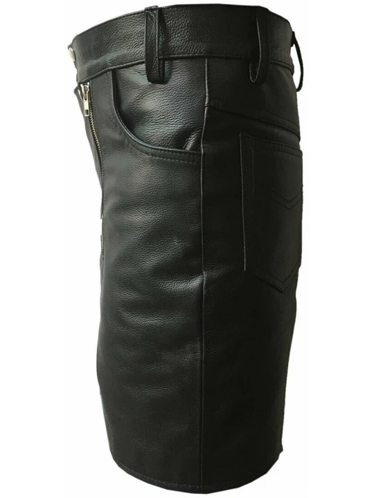 Men Double Zipper Snap Button Front Real Sheepskin Black Leather Shorts