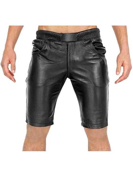 Men Elastic Waist Joggers Real Sheepskin Black Leather Shorts