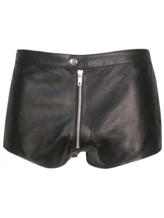 Men Front Zip Closure Real Sheepskin Black Leather Shorts