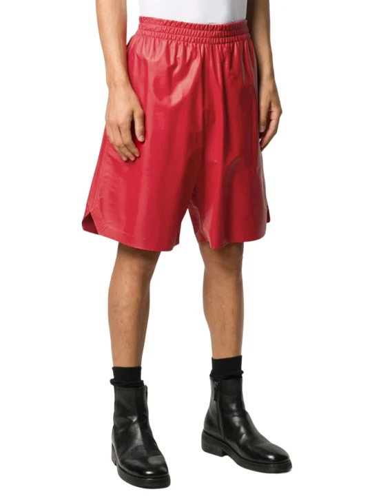 Men Knee Length Elastic Waist Real Sheepskin Red Leather Shorts