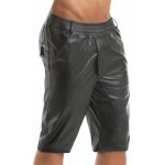 Men Military Style Real Sheepskin Black Leather Shorts