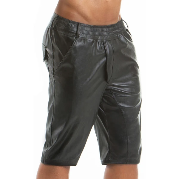Men Military Style Real Sheepskin Black Leather Shorts