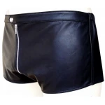 Men One Way Front To Back Zip Closure Real Sheepskin Black Leather Shorts